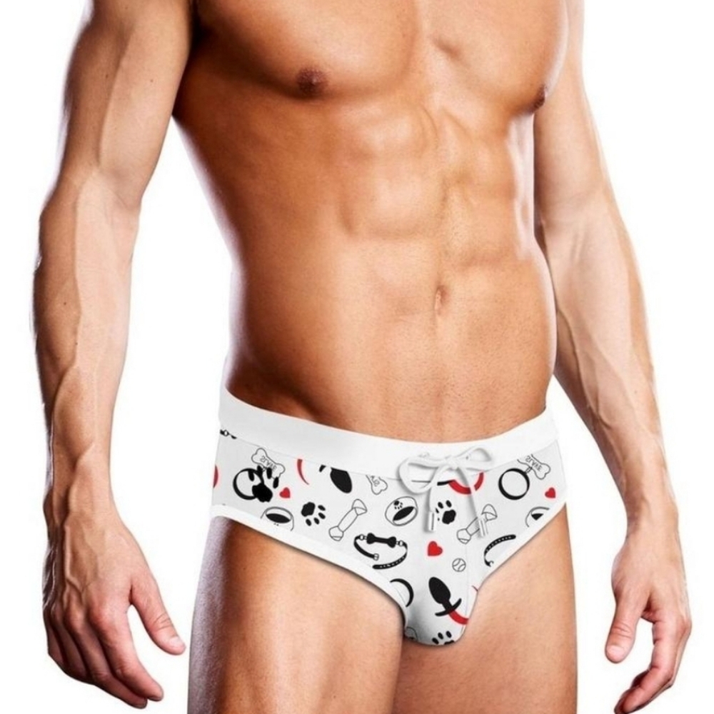 Stylish White Swim Briefs with PUPPY PLAY